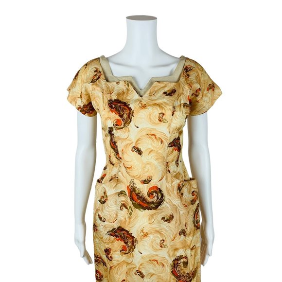 Vintage 1950s Novelty Print Dress Brown Feathers V Neck Wiggle Pin Up | W 25" - Picture 3 of 14